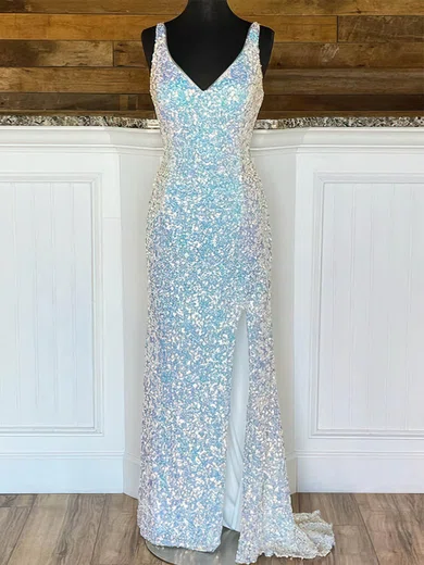 Sheath/Column V-neck Sparkly Sequin Prom Dresses With Split #UKM020112149