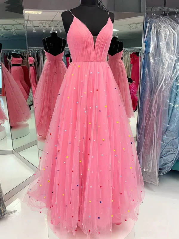 Princess V-neck Tulle Floor-length Prom Dresses With Beading #UKM020112150