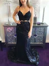 Trumpet/Mermaid V-neck Sequined Sweep Train Prom Dresses With Appliques Lace #UKM020112155