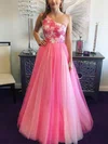 A-line One Shoulder Tulle Floor-length Prom Dresses With Appliques Lace #UKM020112156