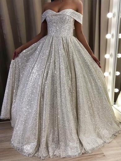 A-line Off-the-shoulder Glitter Sweep Train Prom Dresses #UKM020112164