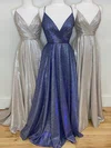 A-line V-neck Shimmer Crepe Sweep Train Prom Dresses With Pockets #UKM020112172