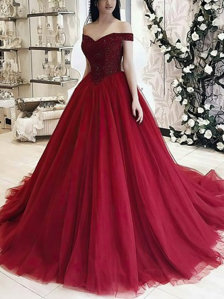 Ball Gown Off-the-shoulder Tulle Sweep Train Beading Prom Dresses ...