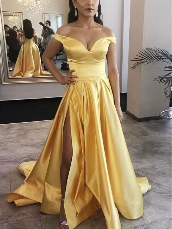 A-line Off-the-shoulder Satin Sweep Train Prom Dresses With Split Front #UKM020112183