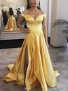A-line Off-the-shoulder Satin Sweep Train Prom Dresses With Split Front #UKM020112183