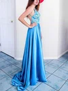 A-line V-neck Silk-like Satin Sweep Train Prom Dresses With Appliques Lace #UKM020112187