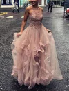 A-line Scoop Neck Tulle Floor-length Prom Dresses With Cascading Ruffles #UKM020112191