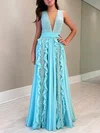 A-line V-neck Lace Chiffon Floor-length Prom Dresses With Cascading Ruffles #UKM020112193