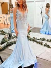 Trumpet/Mermaid V-neck Jersey Sweep Train Prom Dresses With Appliques Lace #UKM020112194
