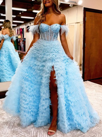 Ball Gown/Princess Sweep Train Off-the-shoulder Tulle Feathers / Fur Prom Dresses #UKM020112196