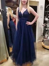 A-line V-neck Tulle Floor-length Prom Dresses With Appliques Lace #UKM020112204