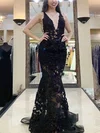 Trumpet/Mermaid V-neck Lace Tulle Sweep Train Prom Dresses With Appliques Lace #UKM020112212