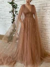A-line V-neck Glitter Sweep Train Prom Dresses With Pockets #UKM020112213