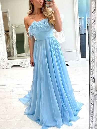 A-line Strapless Chiffon Sweep Train Prom Dresses With Feathers / Fur #UKM020112218