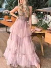A-line V-neck Tulle Floor-length Prom Dresses With Tiered #UKM020112222