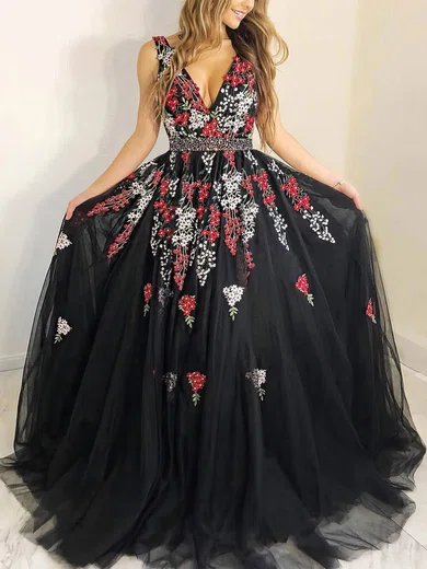 Ball Gown/Princess Sweep Train V-neck Tulle Beading Prom Dresses #UKM020112224