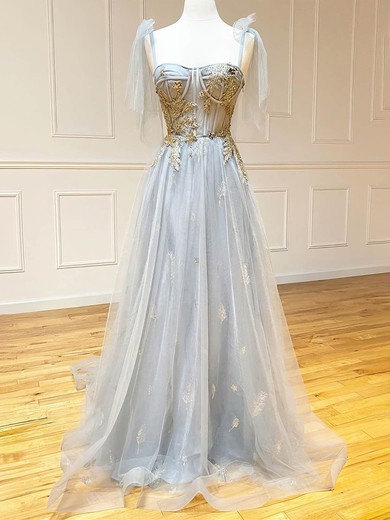 A-line Sweetheart Lace Tulle Sweep Train Prom Dresses With Appliques Lace #UKM020112237