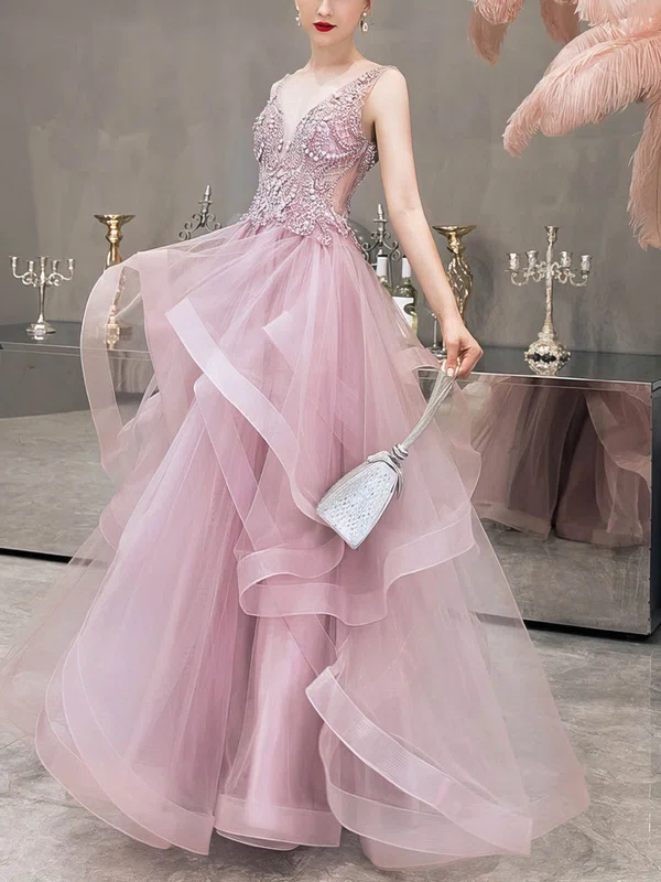 A-line V-neck Tulle Floor-length Prom Dresses With Beading #UKM020112238