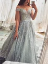 A-line Off-the-shoulder Glitter Sweep Train Prom Dresses With Beading #UKM020112239