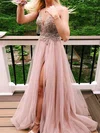 A-line V-neck Tulle Sweep Train Prom Dresses With Split Front #UKM020112251