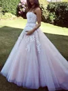 Ball Gown Strapless Tulle Sweep Train Prom Dresses With Appliques Lace #UKM020112268