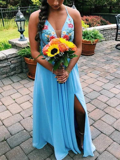 A-line V-neck Chiffon Sweep Train Prom Dresses With Split Front #UKM020112282