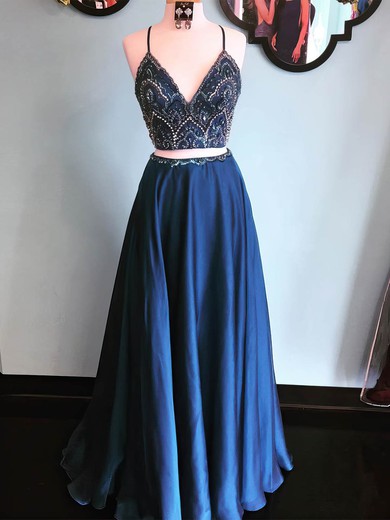A-line V-neck Satin Two Piece Prom Dresses With Beading #UKM020112292
