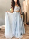 A-line V-neck Lace Tulle Sweep Train Prom Dresses With Sashes / Ribbons #UKM020112294