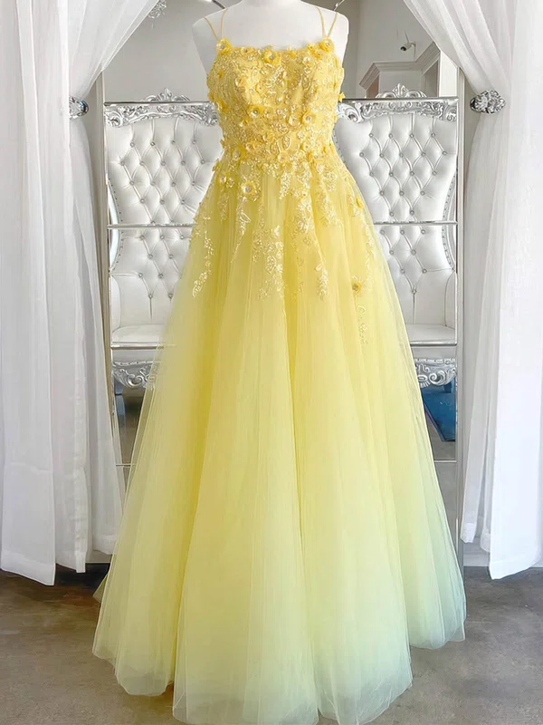 A-line Scoop Neck Tulle Floor-length Prom Dresses With Flower(s) #UKM020112300