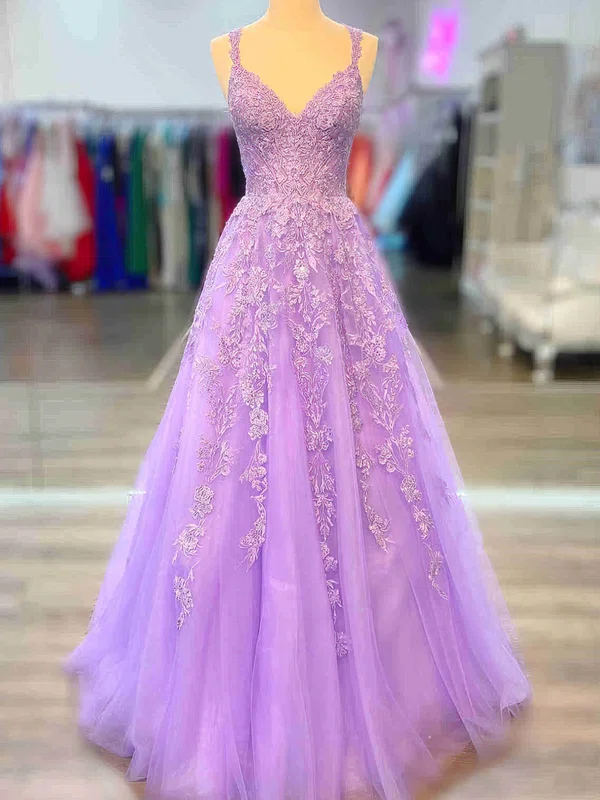 Ball Gown V-neck Tulle Floor-length Appliques Lace Prom Dresses #UKM020112301