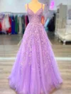 A-line V-neck Tulle Sweep Train Prom Dresses With Appliques Lace #UKM020112301