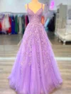 Ball Gown V-neck Tulle Floor-length Appliques Lace Prom Dresses #UKM020112301