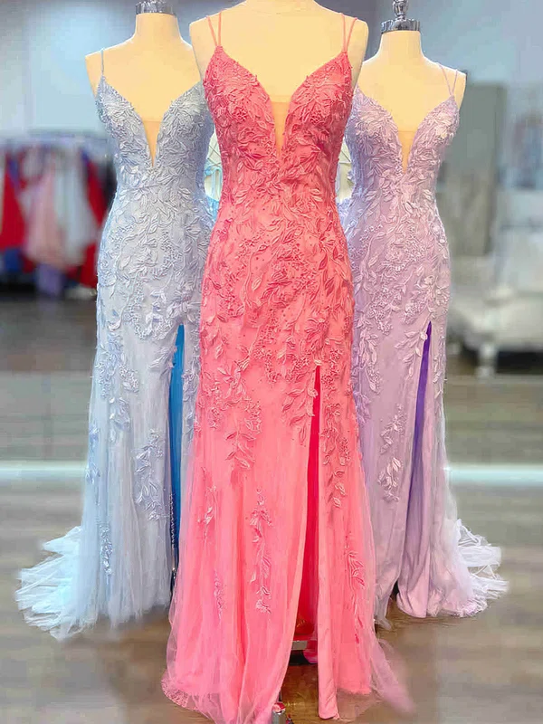 Sheath/Column V-neck Tulle Sweep Train Appliques Lace Prom Dresses #UKM020112302