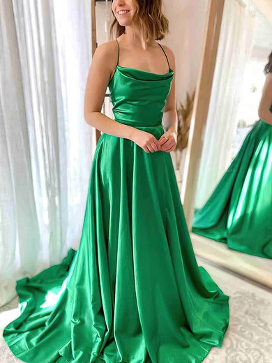 A-line Cowl Neck Silk-like Satin Sweep Train Prom Dresses With Split Front #UKM020112306
