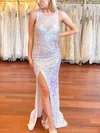 Sheath/Column Scoop Neck Sequined Sweep Train Prom Dresses With Split Front #UKM020112308