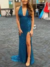 Sheath/Column V-neck Sequined Sweep Train Prom Dresses With Split Front #UKM020112314