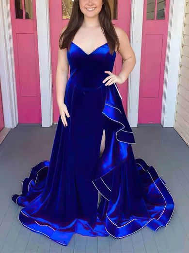 A-line V-neck Velvet Sweep Train Prom Dresses With Split Front #UKM020112321