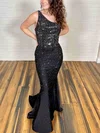Trumpet/Mermaid One Shoulder Satin Sweep Train Prom Dresses With Beading #UKM020112323