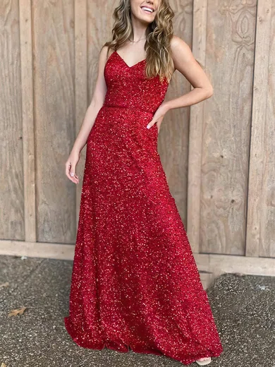 A-line V-neck Sequined Floor-length Prom Dresses #UKM020112338