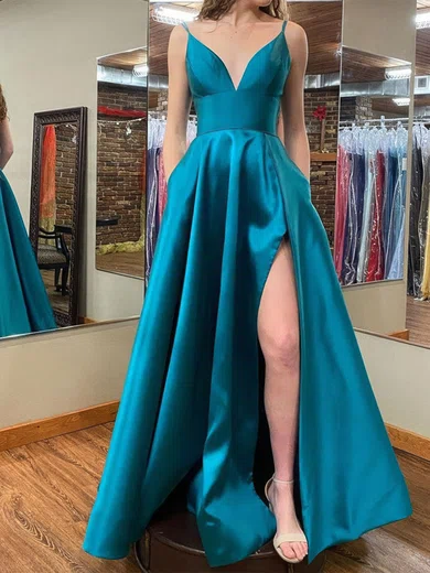 A-line V-neck Satin Sweep Train Prom Dresses With Split Front #UKM020112342