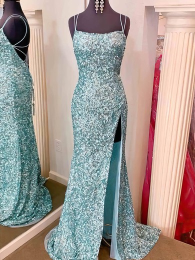 Sheath/Column Scoop Neck Sequined Sweep Train Prom Dresses With Split Front #UKM020112346
