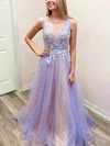 A-line V-neck Lace Tulle Sweep Train Prom Dresses With Appliques Lace #UKM020112365