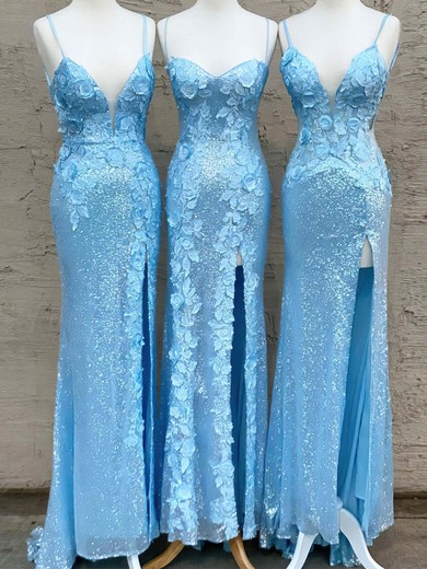 Sheath/Column V-neck Sequined Floor-length Prom Dresses With Split Front #UKM020112367