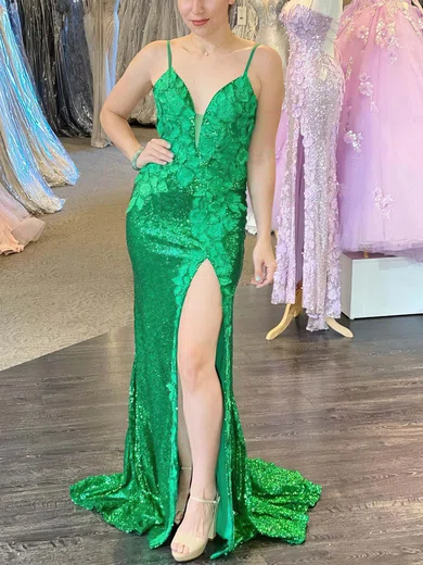 Sheath/Column V-neck Sequined Sweep Train Prom Dresses With Split Front #UKM020112369