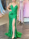 Sheath/Column V-neck Sequined Sweep Train Prom Dresses With Split Front #UKM020112369