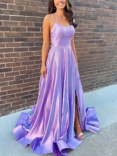 A-line Scoop Neck Silk-like Satin Sweep Train Prom Dresses With Split Front #UKM020112370