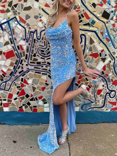 Sheath/Column Cowl Neck Sequined Floor-length Prom Dresses With Split Front #UKM020112377