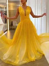 Ball Gown V-neck Tulle Floor-length Pleats Prom Dresses #UKM020112381