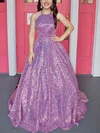 A-line Scoop Neck Sequined Sweep Train Prom Dresses #UKM020112383