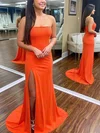 Trumpet/Mermaid Strapless Jersey Sweep Train Prom Dresses With Split Front #UKM020112385